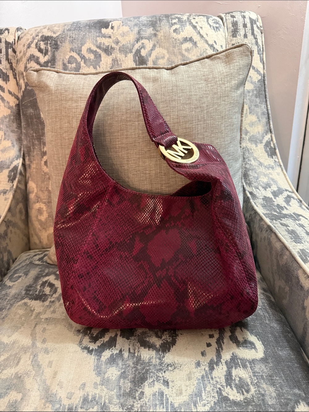 Michael Kors Wine Snake-Print Shoulder Hobo with Gold MK Charm